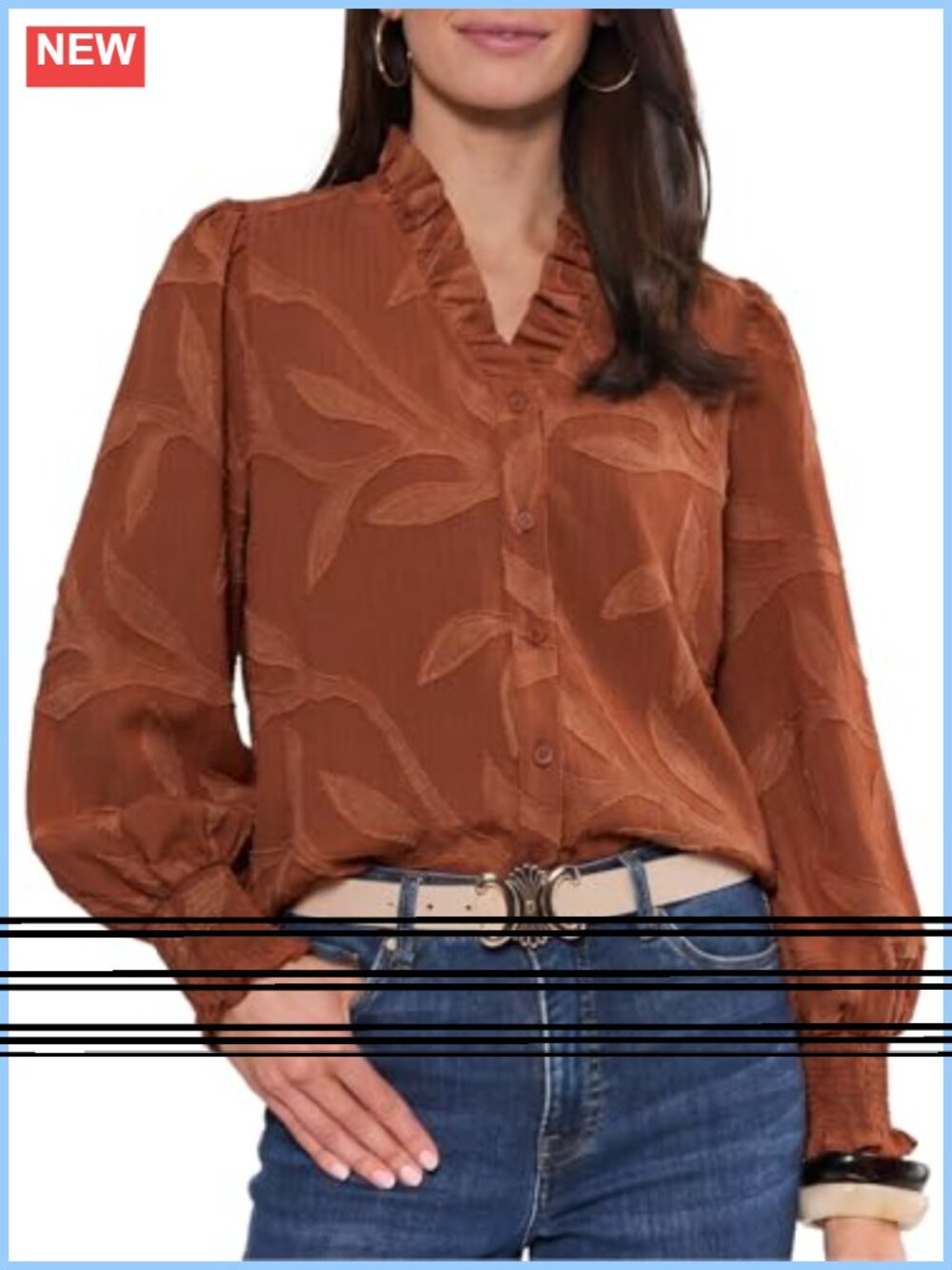 Astylish Womens Leaf Embroidery Button Down Blouse Ruffled V Neck Long Sleeve